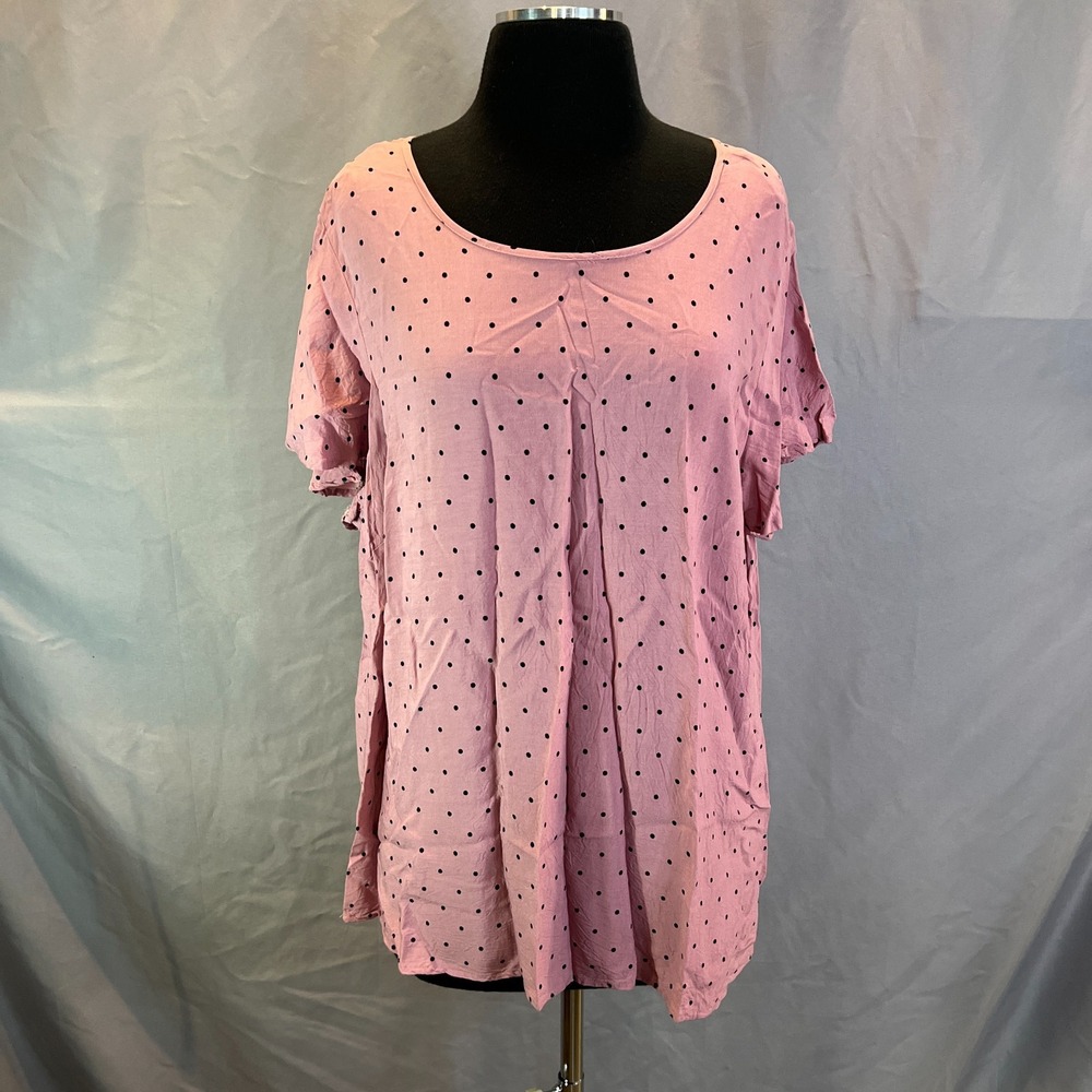 Como Black Blouse Top Womens 2X Pink Black Polka Dot Round Neck Ruffle Sleeve